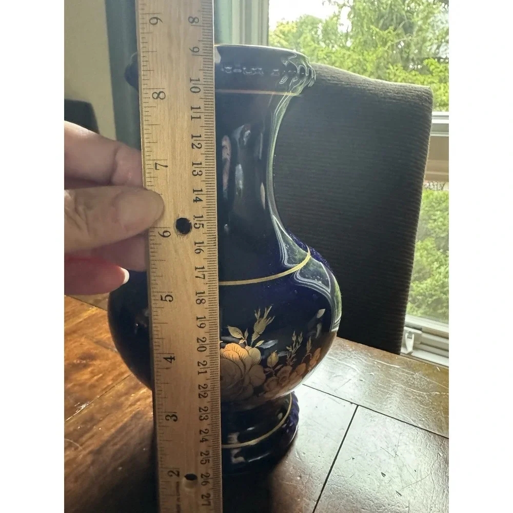 Bareuther Waldsassen Echt Cobalt Blue‎ Vase 22K Gold Floral Rose Sunflower 9.5